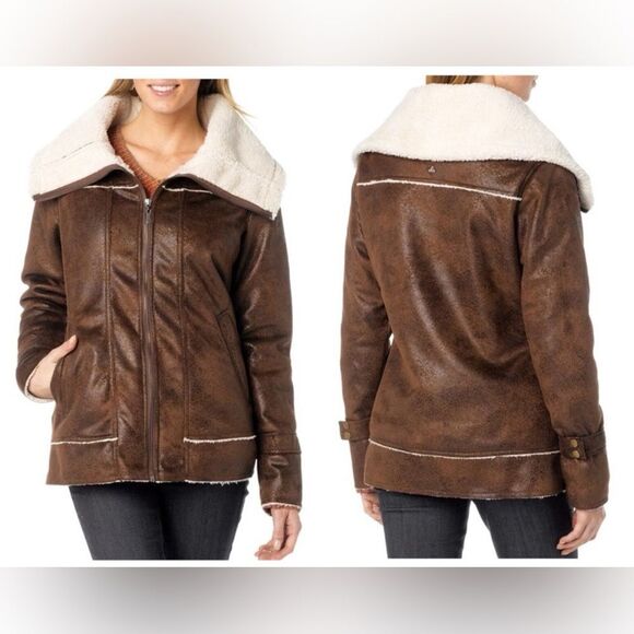 Prana Tricia Brown Sherpa Lined Jacket Shearling Eco Faux Suede Coat M - Picture 1 of 10